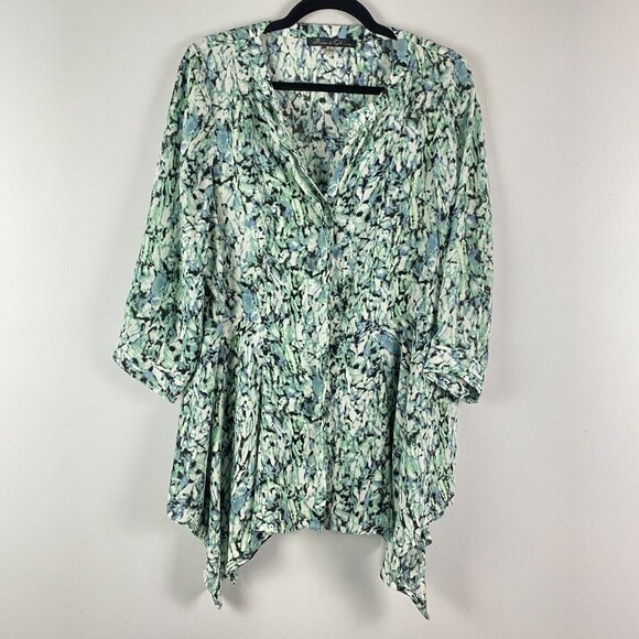 Rose + Olive 3/4 Sleeve Blouse Size 1X Button Up Asymmetric V Neck - Picture 1 of 11